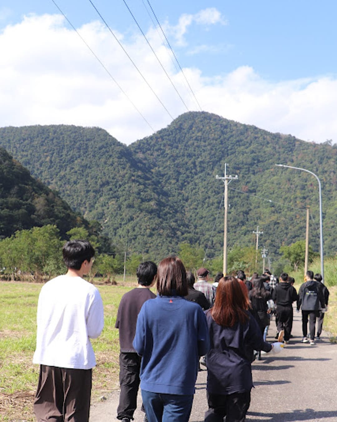 企業聯合植樹日,參與者沿著小路走向山腳下的植樹場地