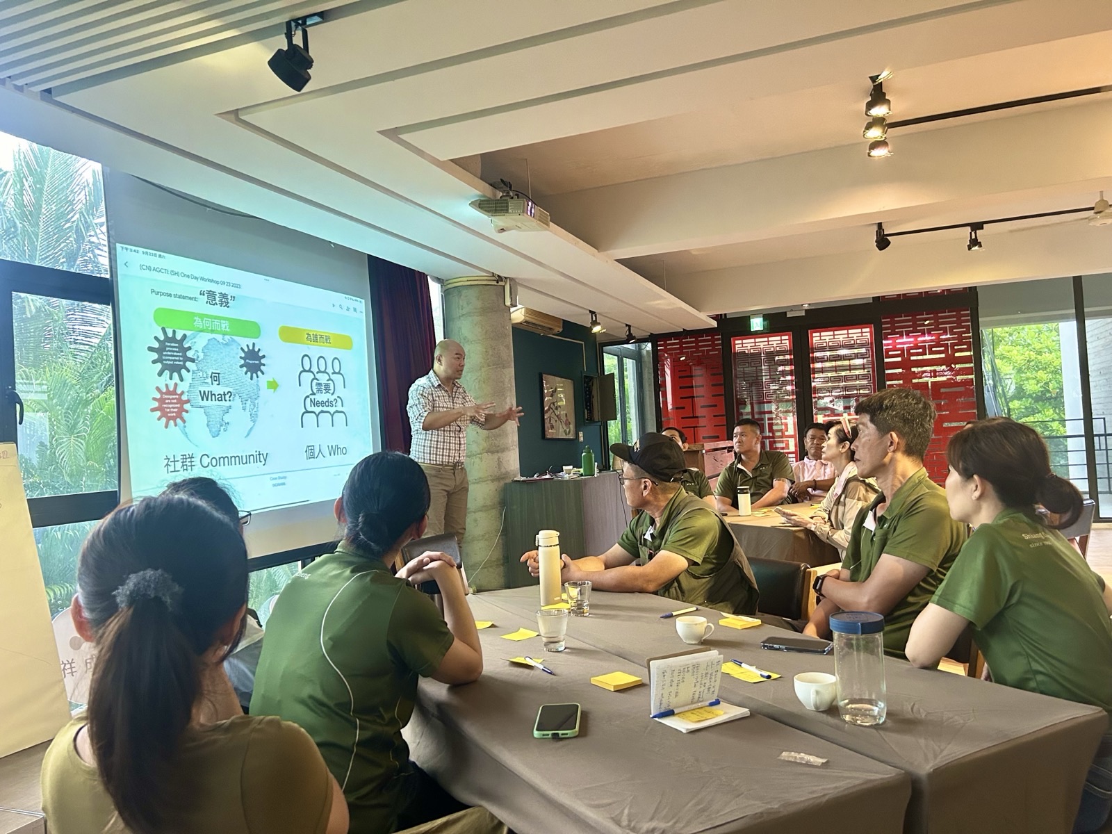 企業永續工作坊現場:講師在投影幕前,引導企業團隊討論企業立命與社群連結